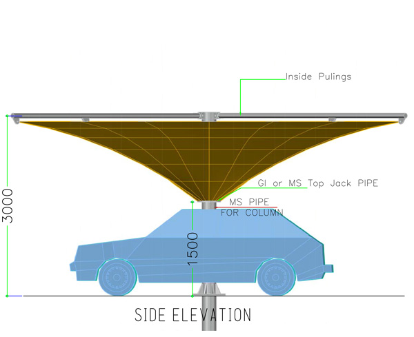 side elevation of inverted umbrella car parking shades